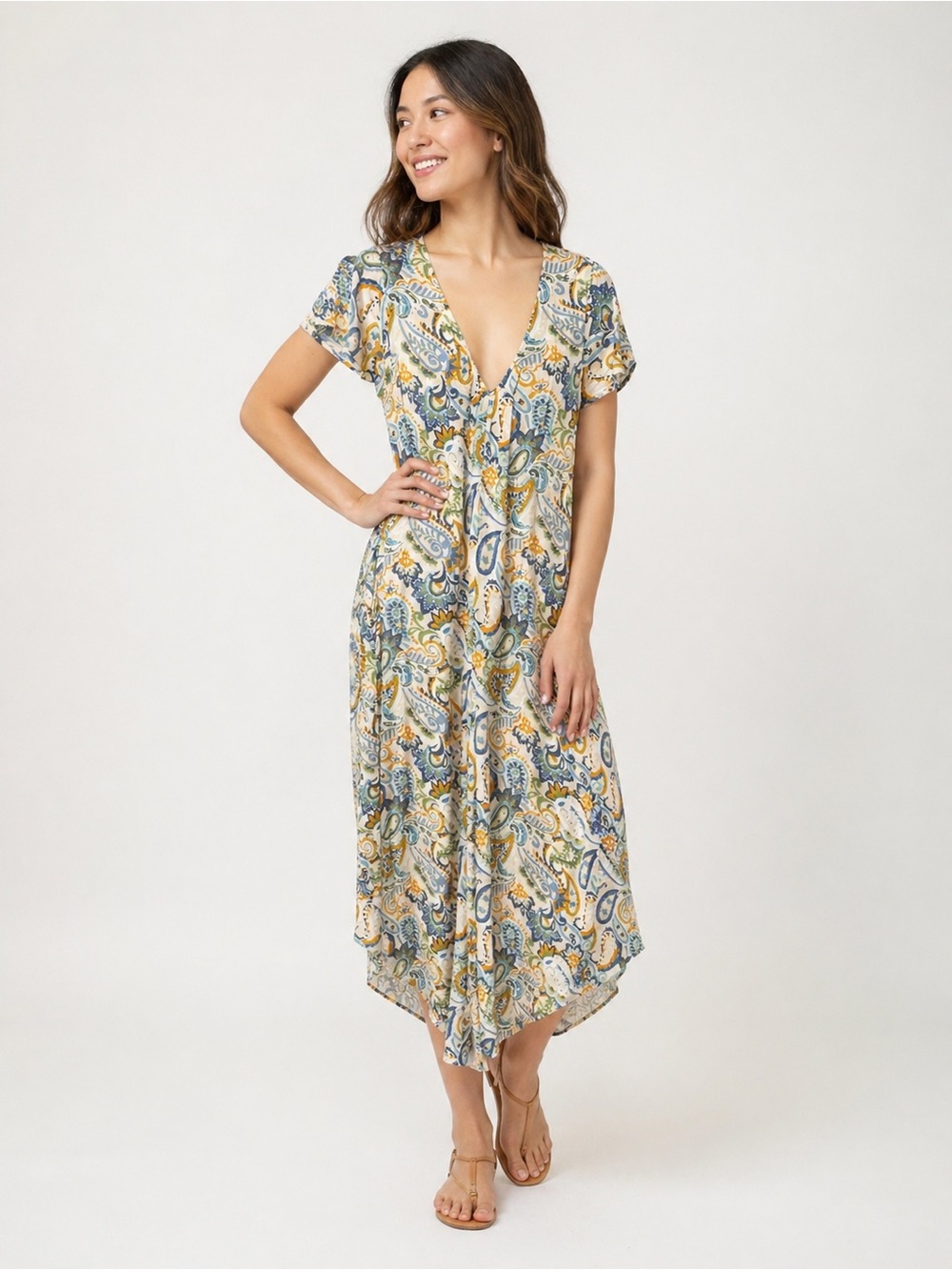 Harlow & Rose Floral Paisley Flowy V-Neck Cropped Wide Leg Jumpsuit Size S
